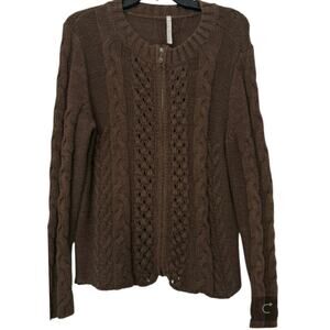 Leo & Nicole Brown Chunky Cotton Blend Cable Knit Zip Cardigan Sweater L Cabin